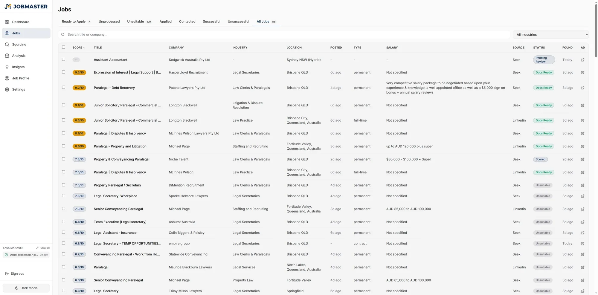 JobMaster scoring jobs against your profile with confidence ratings
