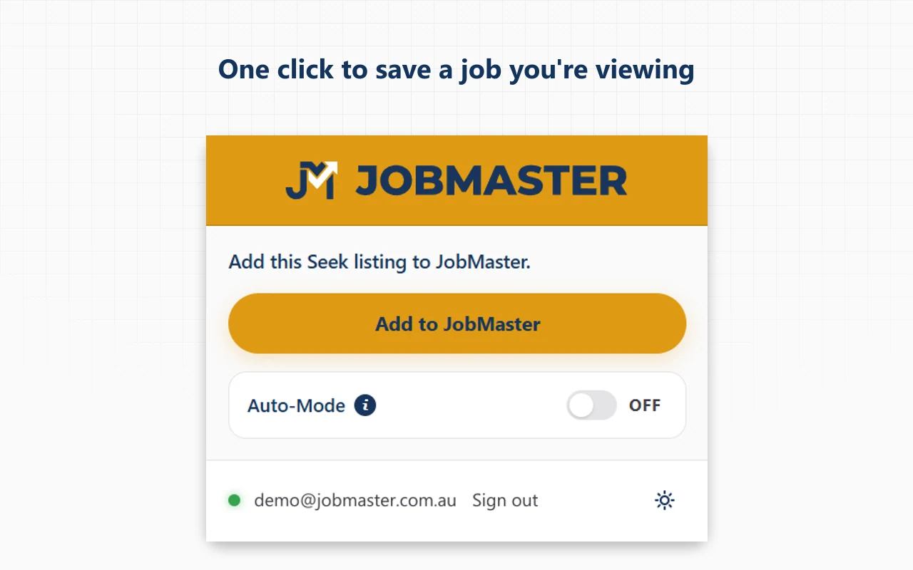 JobMaster Assistant popup on a Seek job page with the Add to JobMaster button highlighted