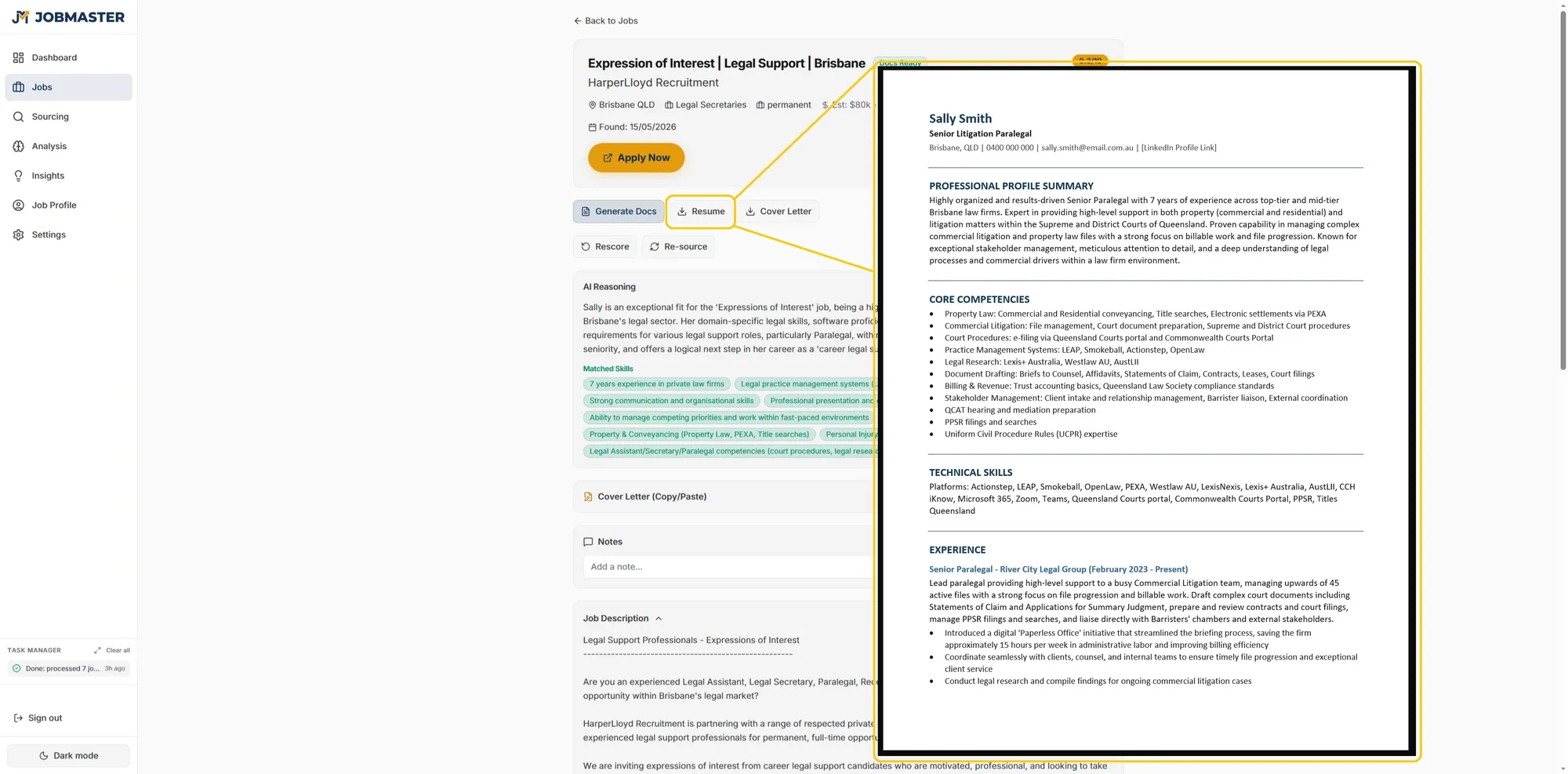 JobMaster job detail with the generated tailored resume ready to download