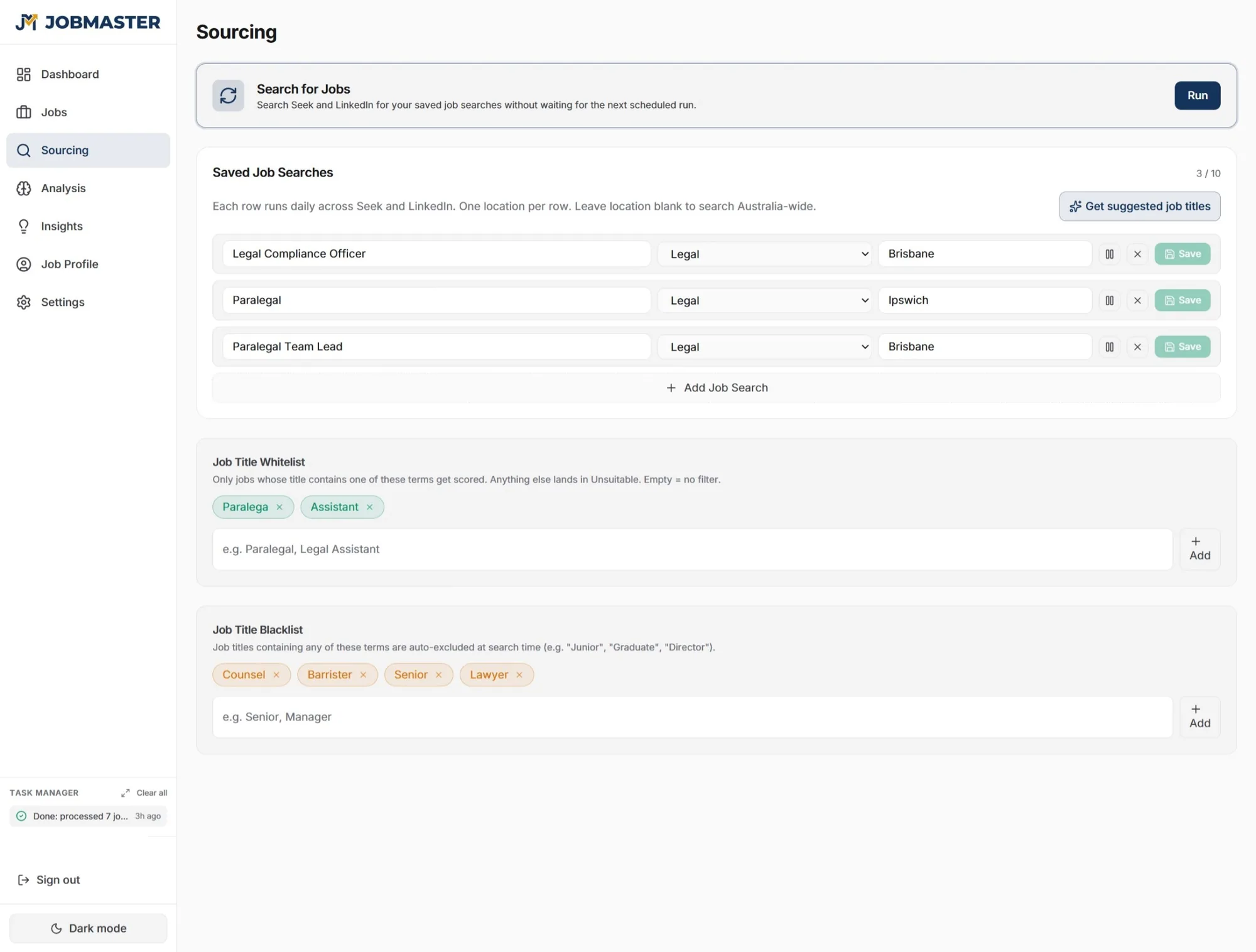 JobMaster pulling fresh listings from LinkedIn and Seek