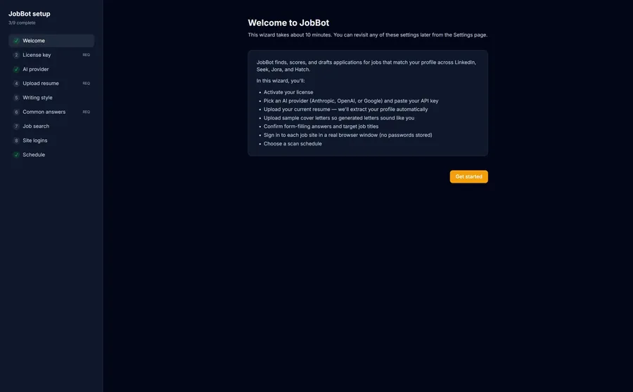 JobMaster welcome and profile setup screen